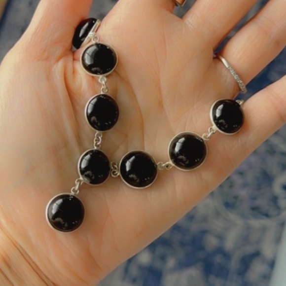 Sterling Silver Plated Onyx Y Necklace – Artisan Made Statement Piece - Picture 3 of 12